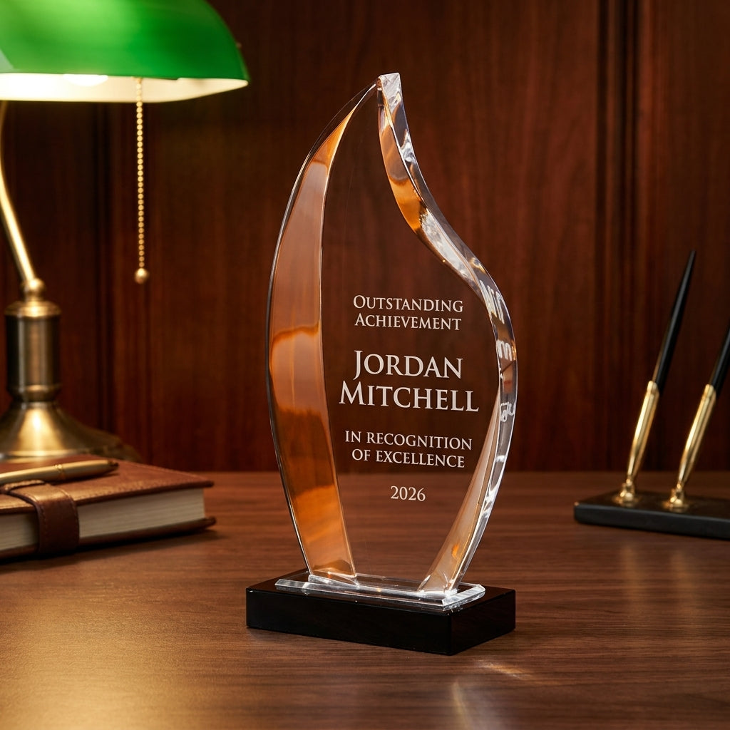 Personalized Deep Bevel Lucite Fl acrylic award on a warm executive desk with a green banker's lamp, engraved corporate recognition and retirement gift