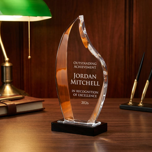 Personalized Deep Bevel Lucite Fl acrylic award on a warm executive desk with a green banker's lamp, engraved corporate recognition and retirement gift