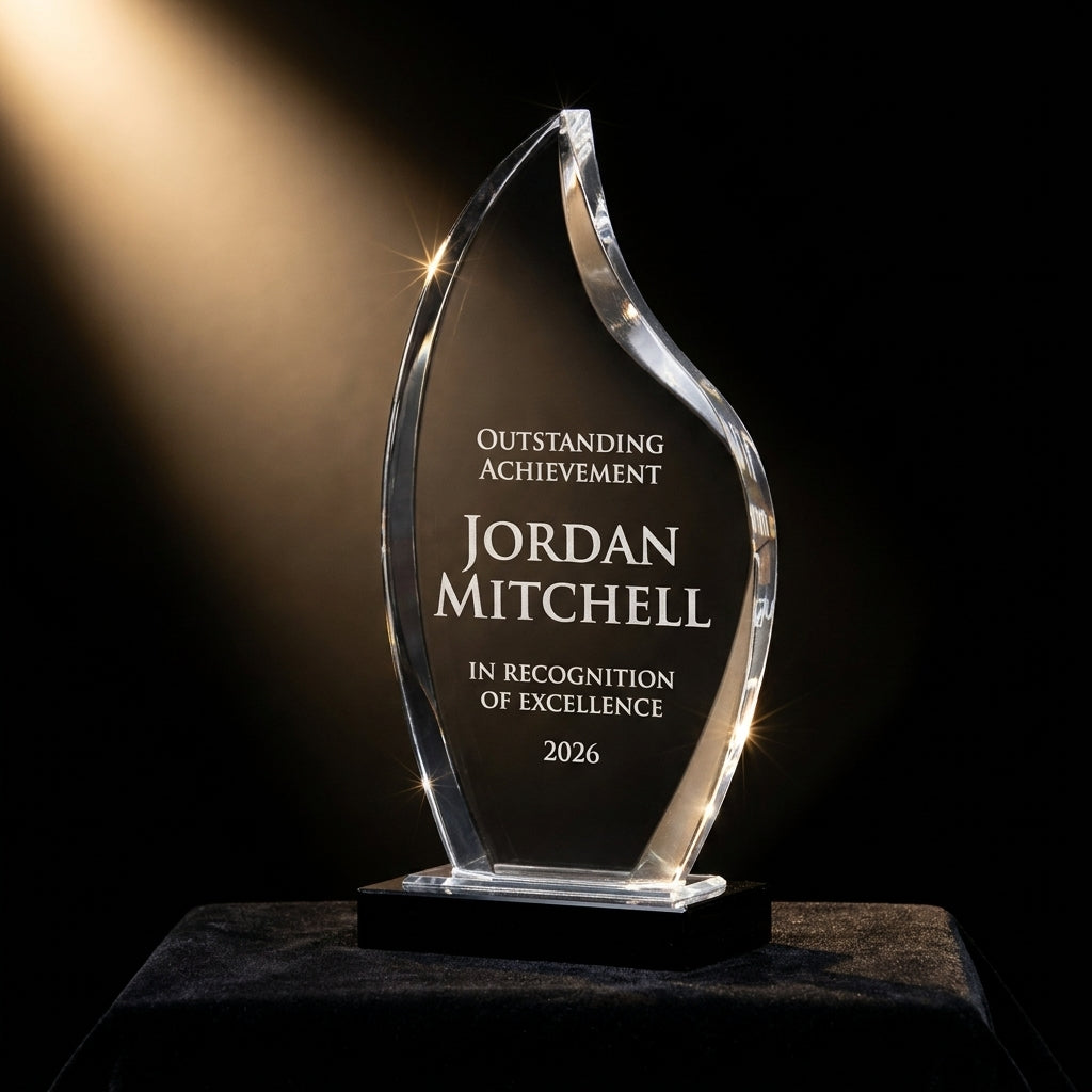 Personalized Deep Bevel Lucite Fl acrylic award on black velvet under awards-ceremony spotlight, engraved champion and lifetime achievement award