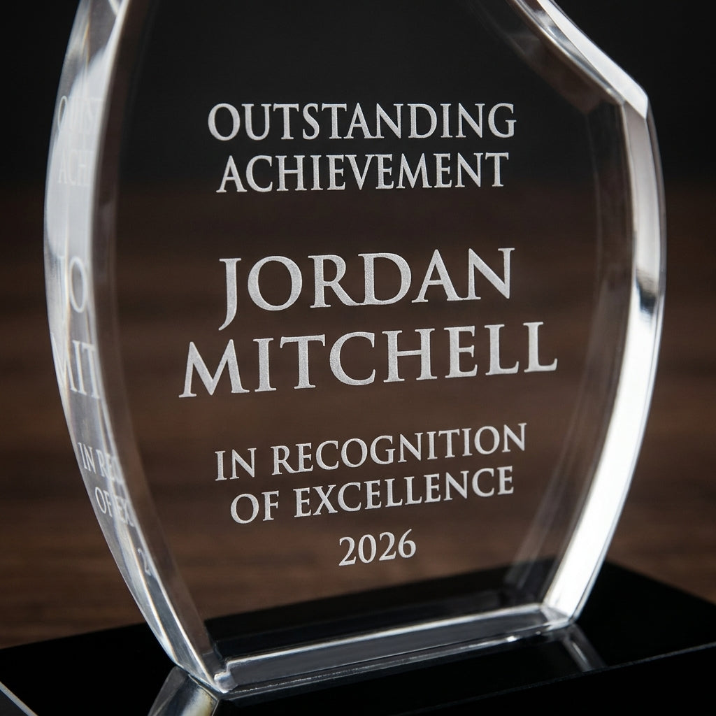 Close-up of the custom laser engraving on a personalized Deep Bevel Lucite Fl acrylic award, showing crisp permanent personalization
