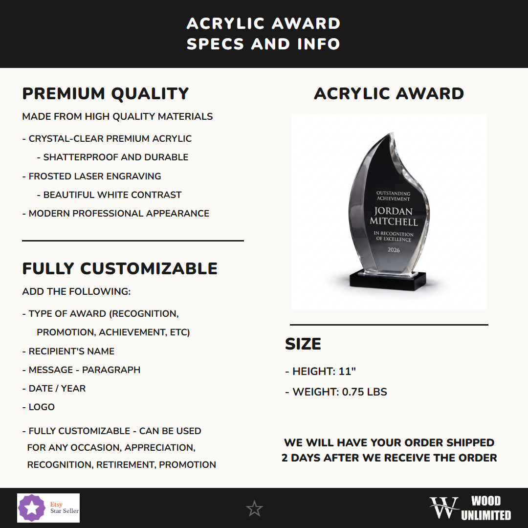 Specifications for the personalized Deep Bevel Lucite Fl acrylic award — materials, engraving, and features