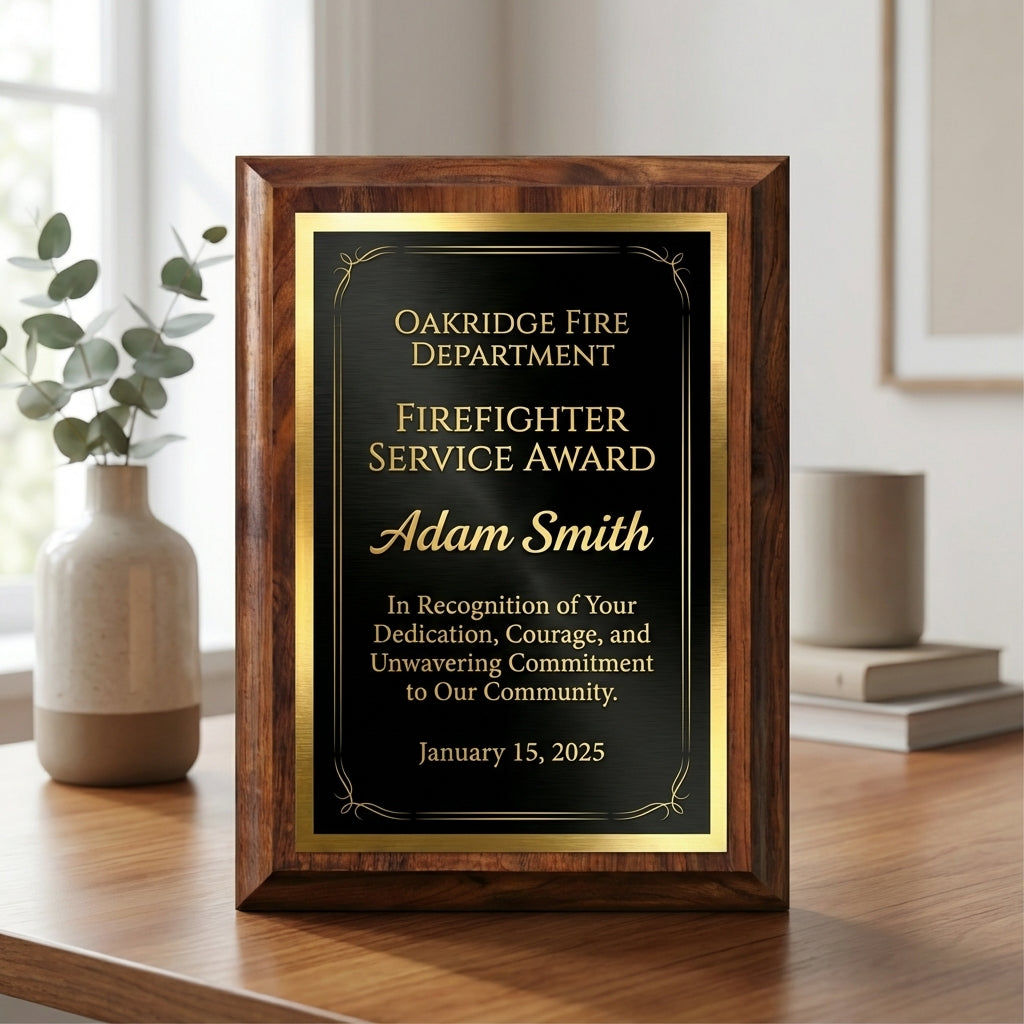 Personalized Firefighter Award Plaque - Service Anniversary Gift - Engraved Wood Hero Recognition - Custom Name - View 1