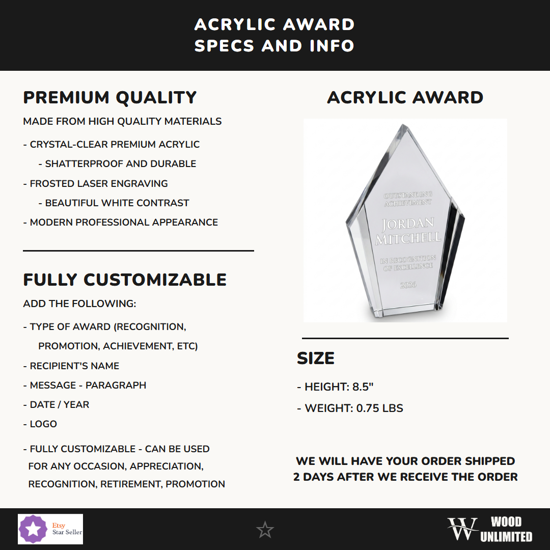 Diamond acrylic award specs - 8.5 inch clear acrylic with silver edges