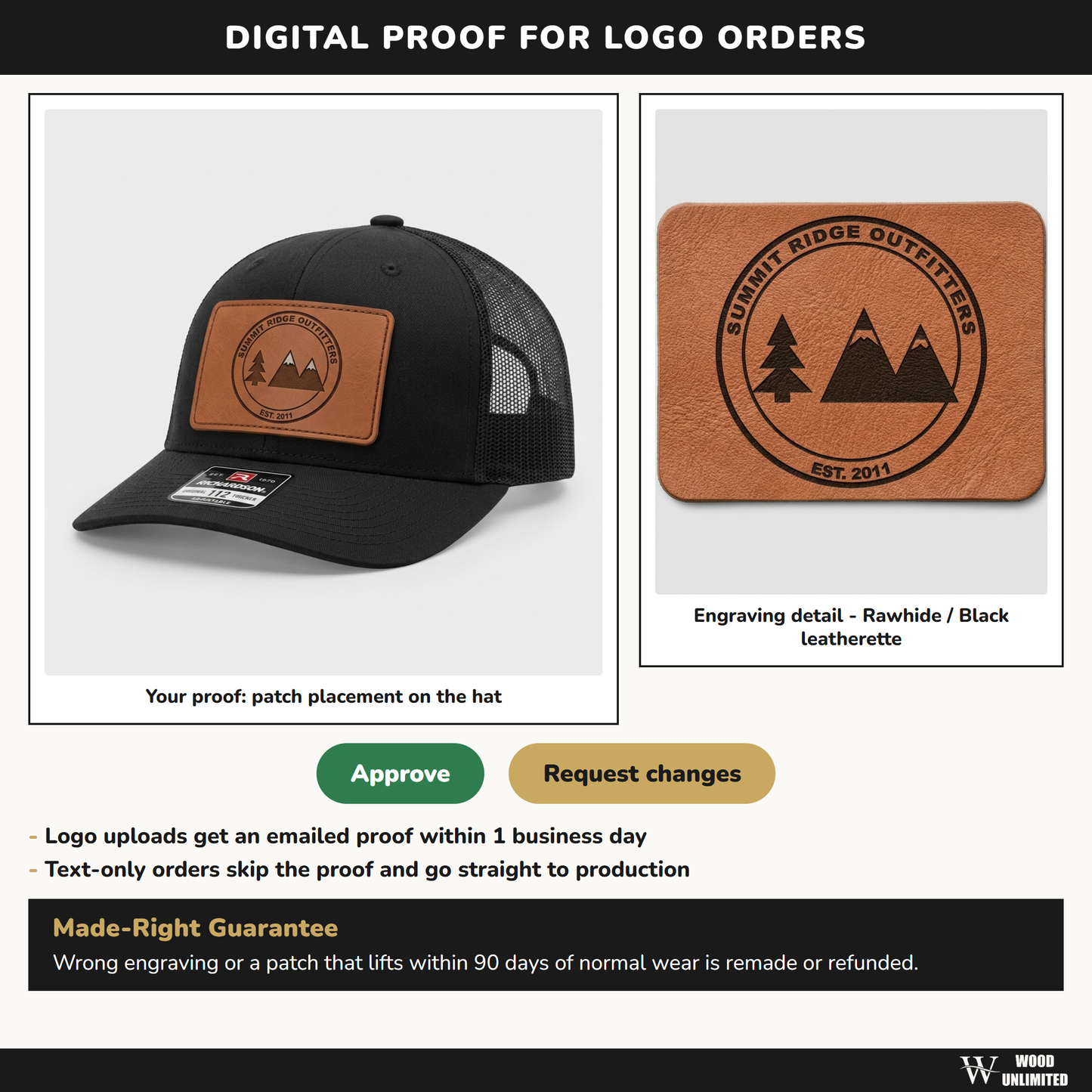 digital proof approval for team hat logo orders with made-right guarantee