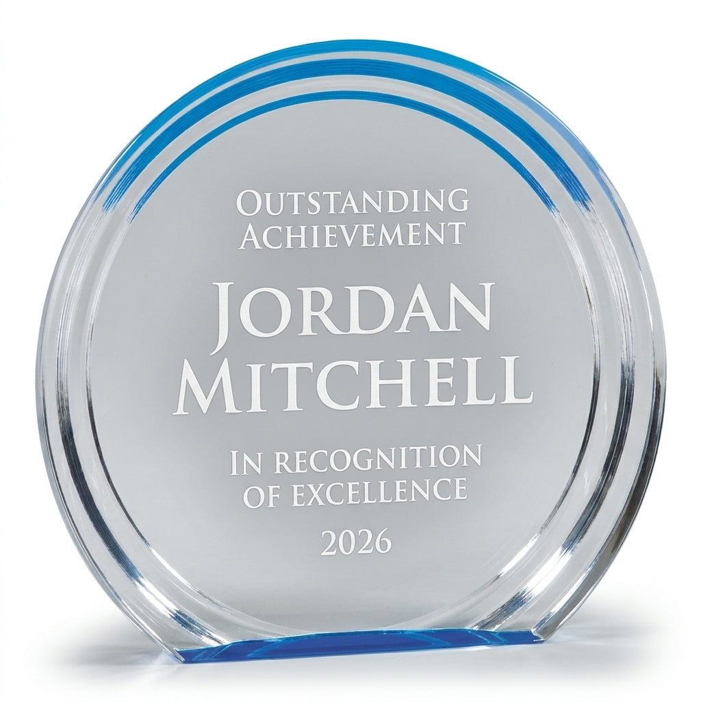 Personalized Double Halo Circle Bl acrylic award, custom laser engraved recognition award on a clean white studio background