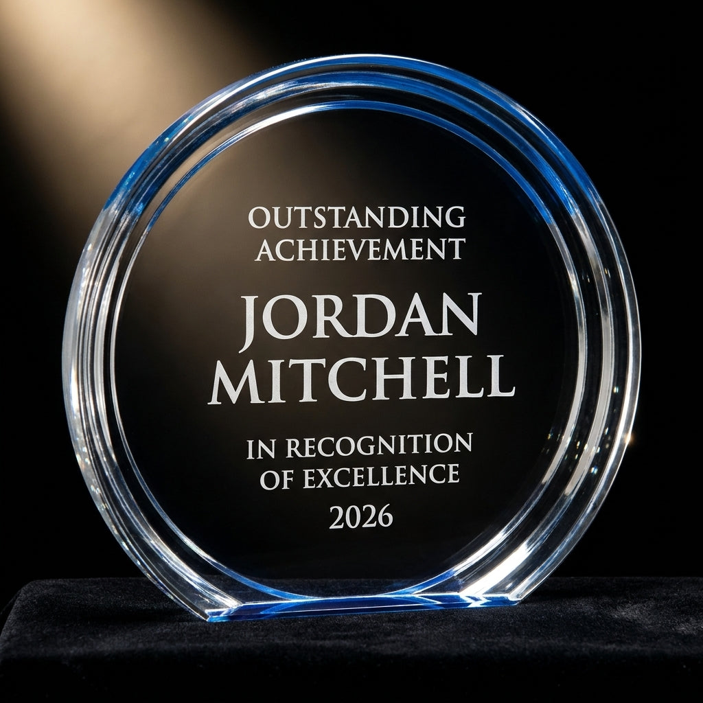 Personalized Double Halo Circle Bl acrylic award on black velvet under awards-ceremony spotlight, engraved champion and lifetime achievement award