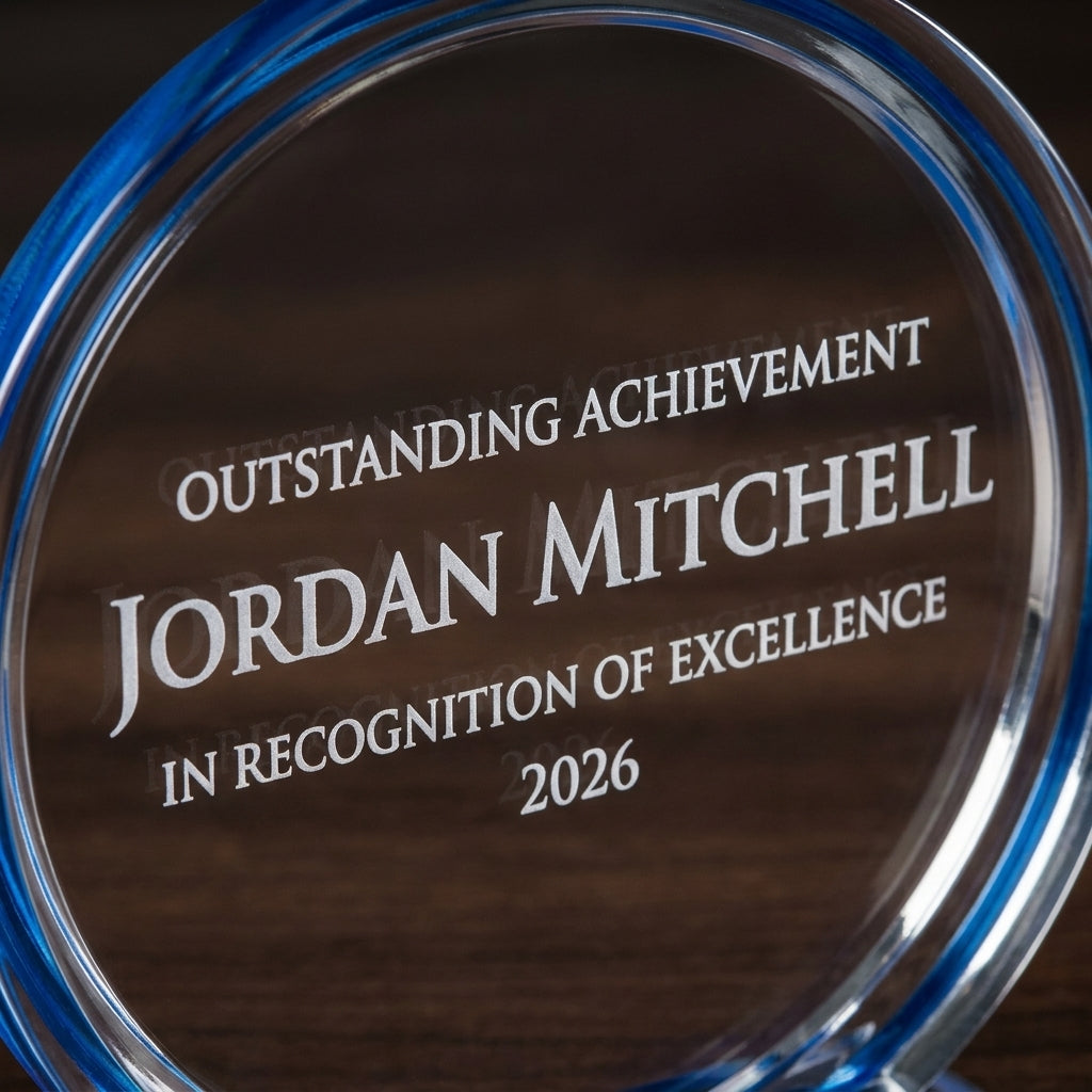 Close-up of the custom laser engraving on a personalized Double Halo Circle Bl acrylic award, showing crisp permanent personalization