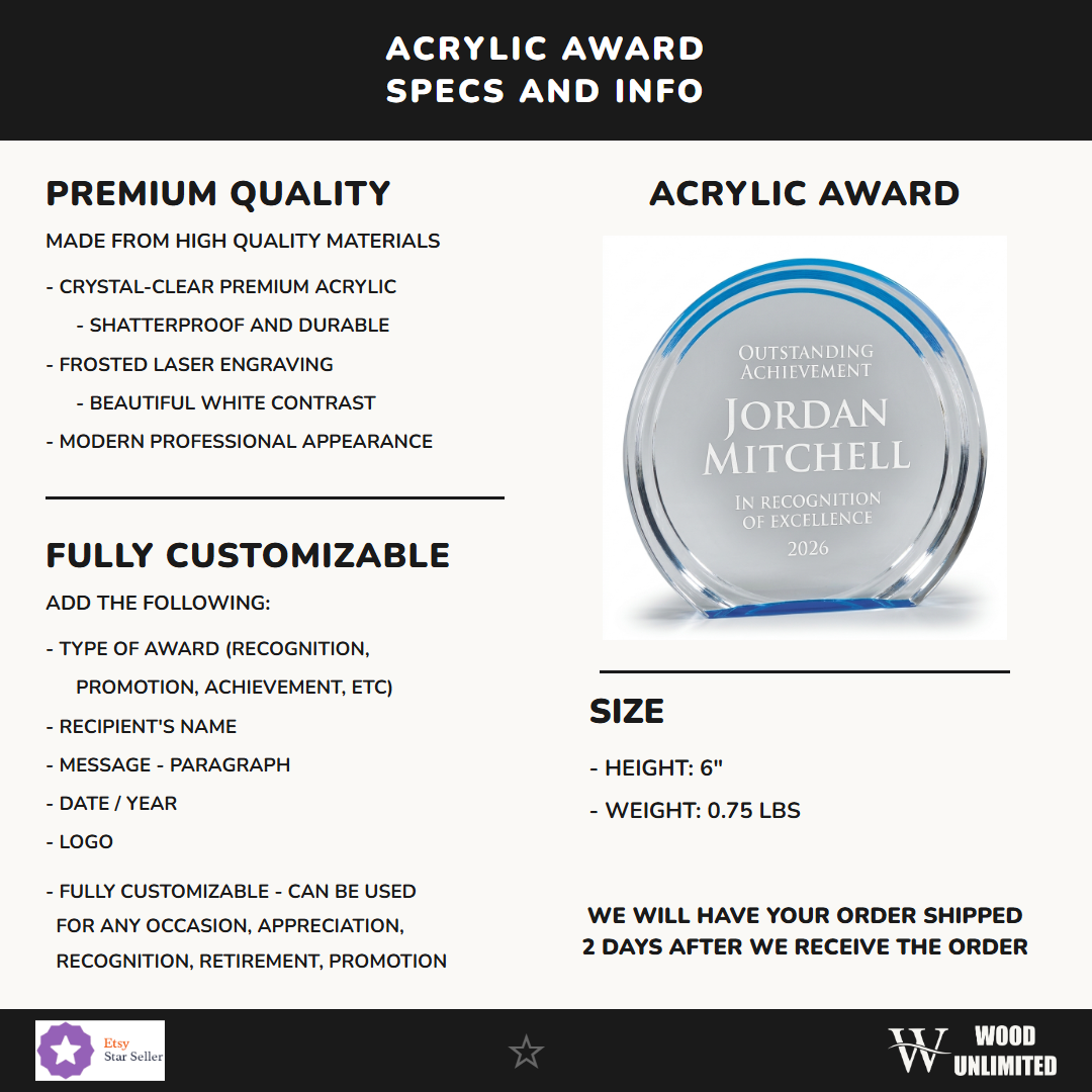 Specifications for the personalized Double Halo Circle Bl acrylic award — materials, engraving, and features
