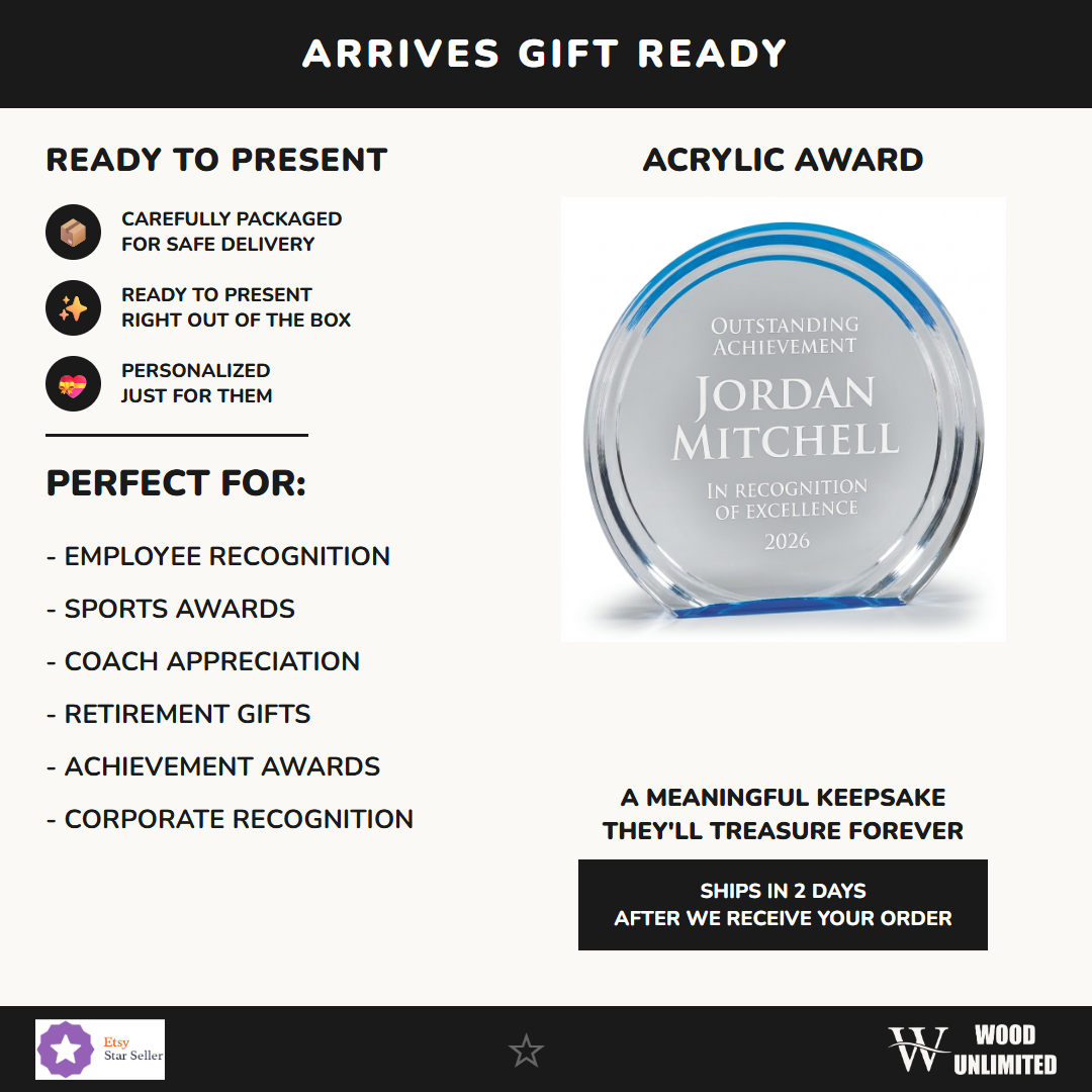 Gift-ready personalized Double Halo Circle Bl acrylic award, perfect for ceremonies, retirements, and corporate recognition