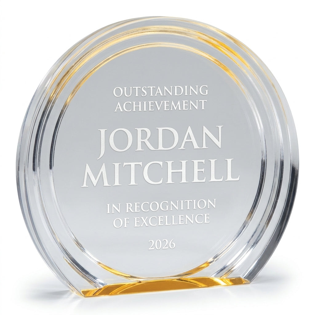 Personalized Double Halo Circle acrylic award, custom laser engraved recognition award on a clean white studio background