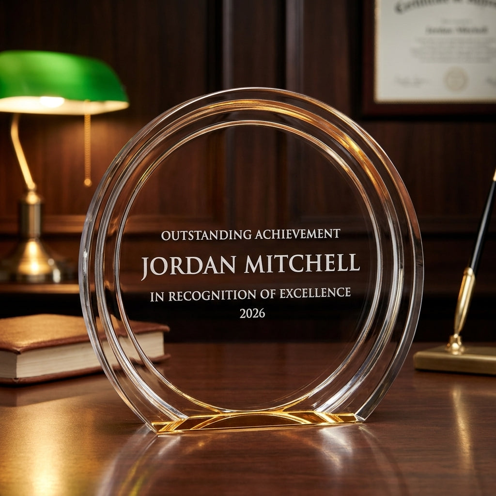 Personalized Double Halo Circle acrylic award on a warm executive desk with a green banker's lamp, engraved corporate recognition and retirement gift