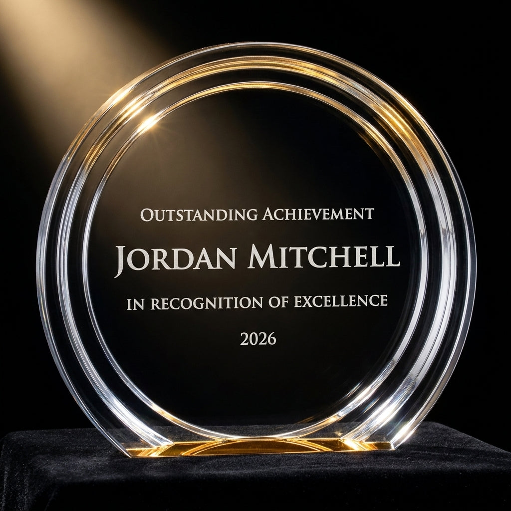 Personalized Double Halo Circle acrylic award on black velvet under awards-ceremony spotlight, engraved champion and lifetime achievement award
