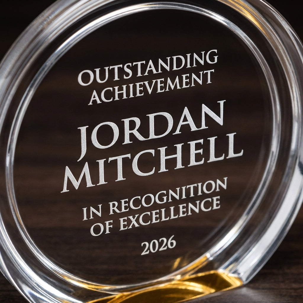 Close-up of the custom laser engraving on a personalized Double Halo Circle acrylic award, showing crisp permanent personalization