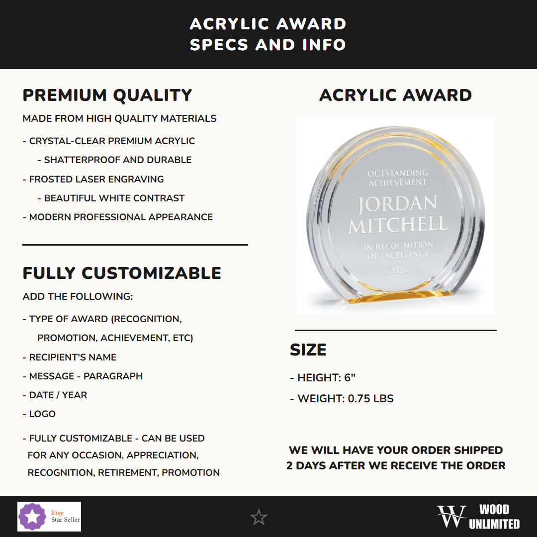 Specifications for the personalized Double Halo Circle acrylic award — materials, engraving, and features