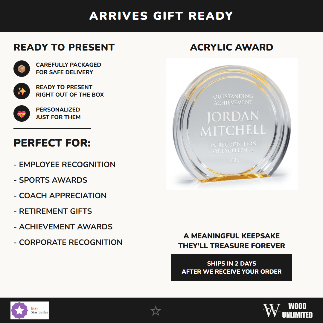 Gift-ready personalized Double Halo Circle acrylic award, perfect for ceremonies, retirements, and corporate recognition