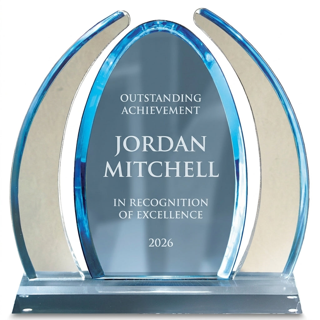 Personalized Dyn Enterprise acrylic award, custom laser engraved recognition award on a clean white studio background