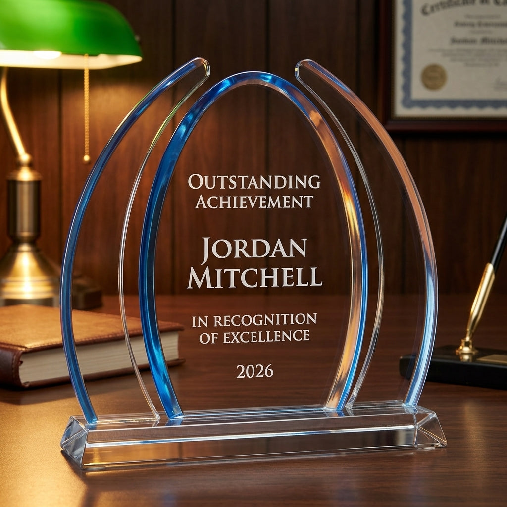 Personalized Dyn Enterprise acrylic award on a warm executive desk with a green banker's lamp, engraved corporate recognition and retirement gift
