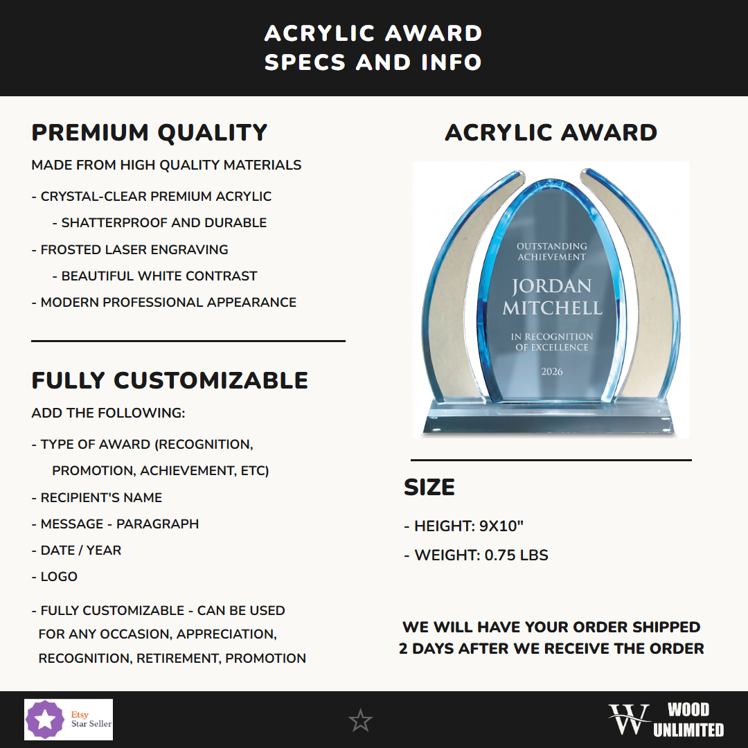 Specifications for the personalized Dyn Enterprise acrylic award — materials, engraving, and features