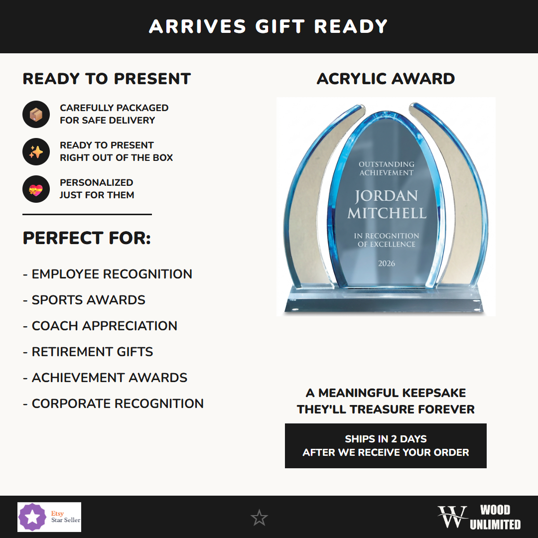 Gift-ready personalized Dyn Enterprise acrylic award, perfect for ceremonies, retirements, and corporate recognition