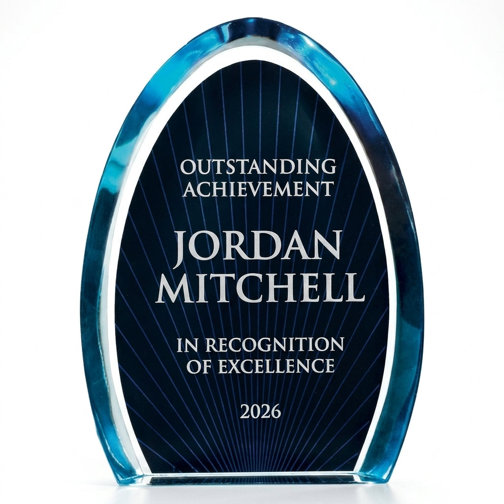 Personalized Dyn acrylic award, custom laser engraved recognition award on a clean white studio background