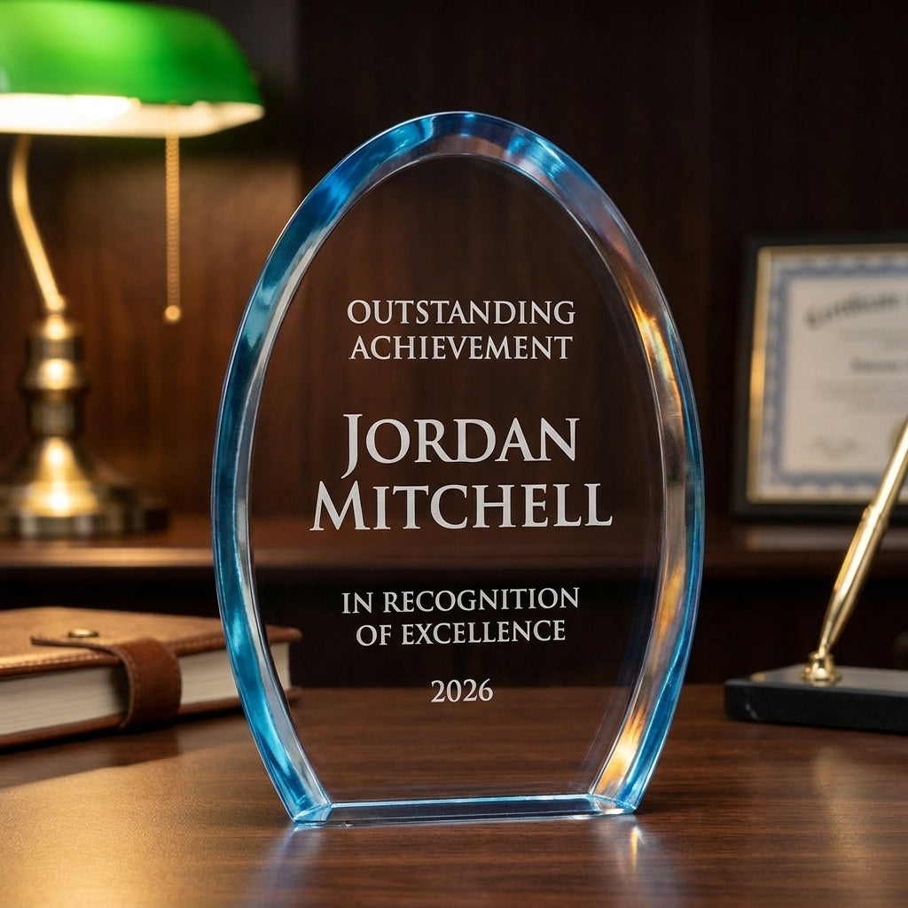 Personalized Dyn acrylic award on a warm executive desk with a green banker's lamp, engraved corporate recognition and retirement gift