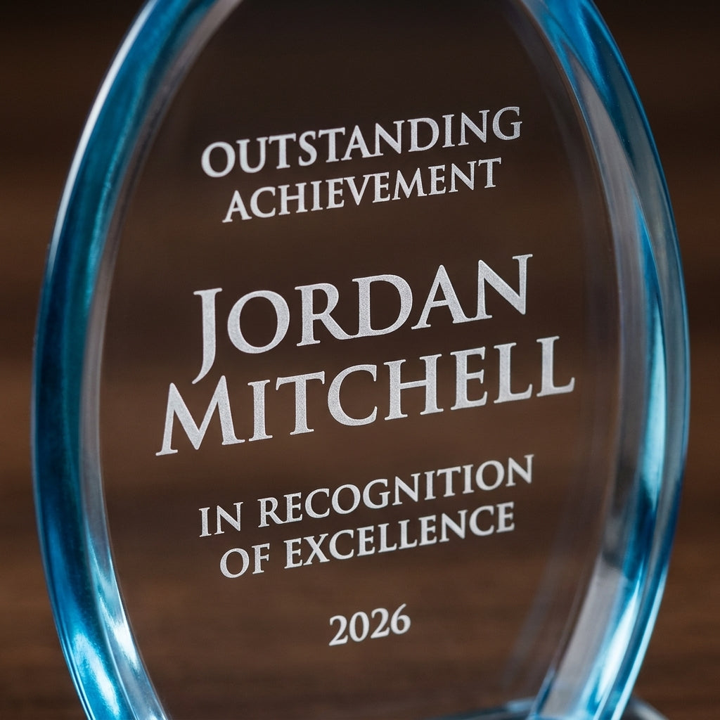 Close-up of the custom laser engraving on a personalized Dyn acrylic award, showing crisp permanent personalization
