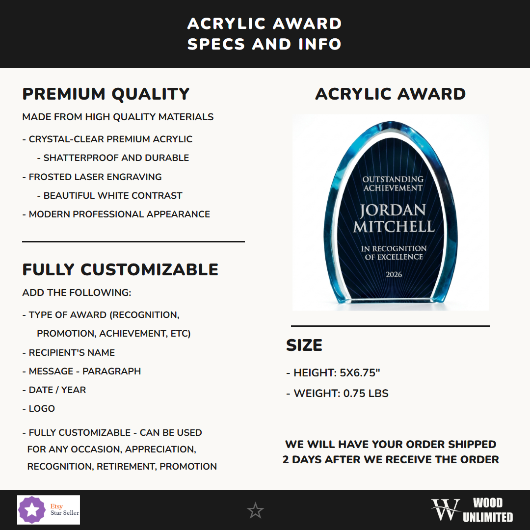 Specifications for the personalized Dyn acrylic award — materials, engraving, and features