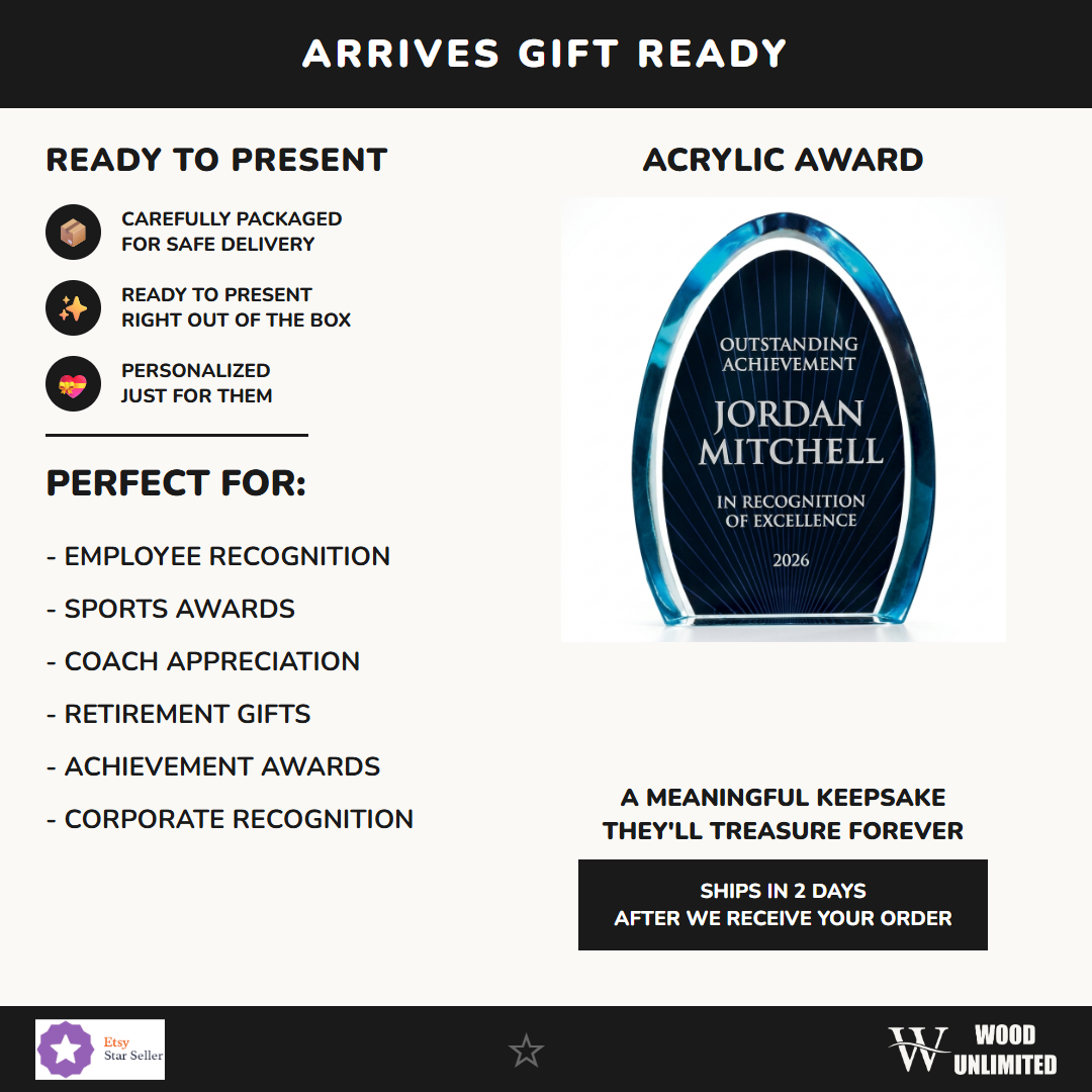 Gift-ready personalized Dyn acrylic award, perfect for ceremonies, retirements, and corporate recognition
