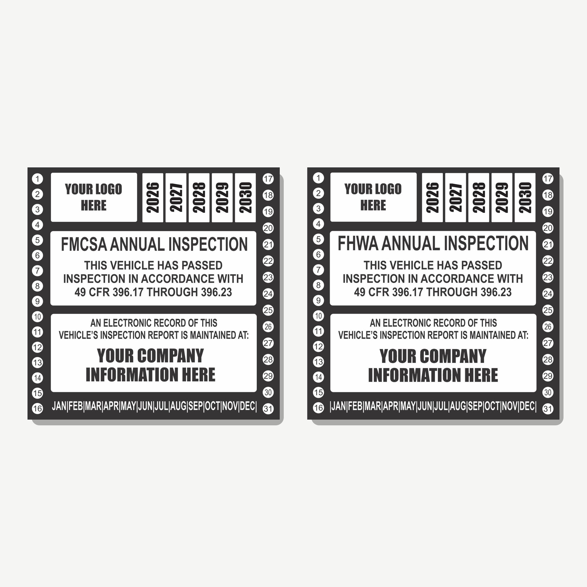 Custom FMCSA and FHWA annual truck inspection labels with 2026-2030 year grid and your company logo