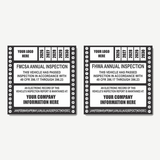 Custom FMCSA and FHWA annual truck inspection labels with 2026-2030 year grid and your company logo