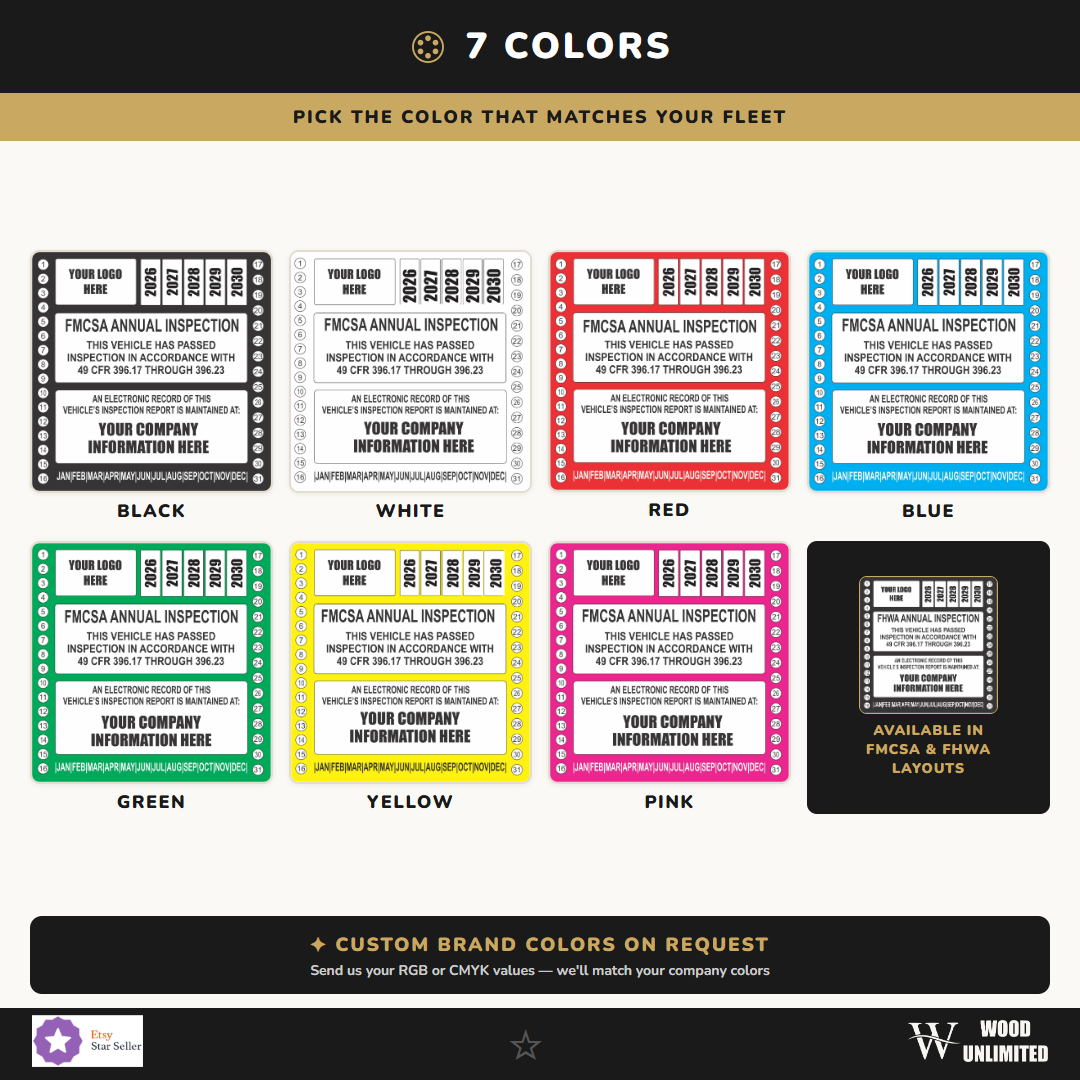 FMCSA and FHWA truck inspection labels available in 7 colors including black, white, red, blue, green, yellow, pink