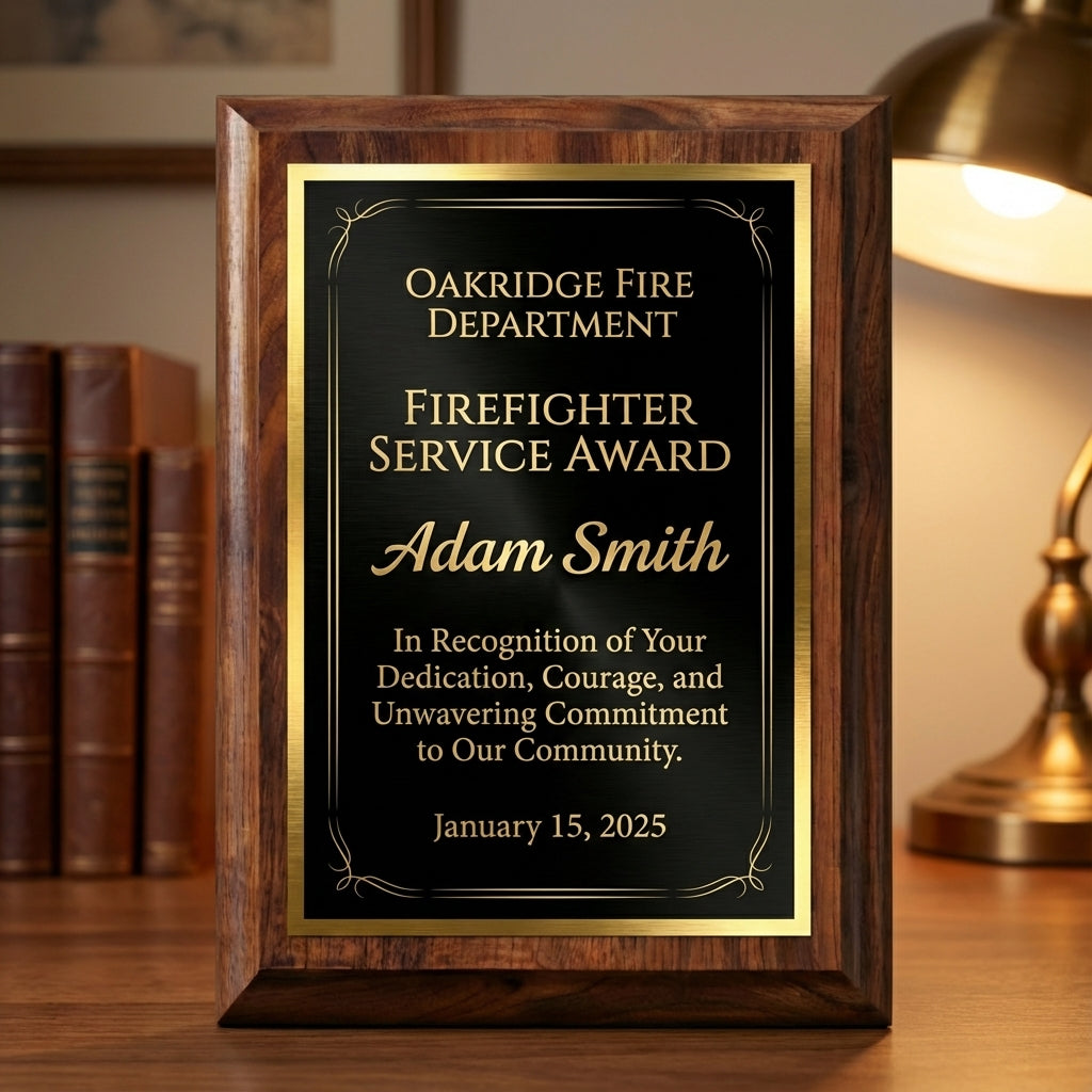 Personalized Firefighter Award Plaque - Service Anniversary Gift - Engraved Wood Hero Recognition - Custom Name - View 4