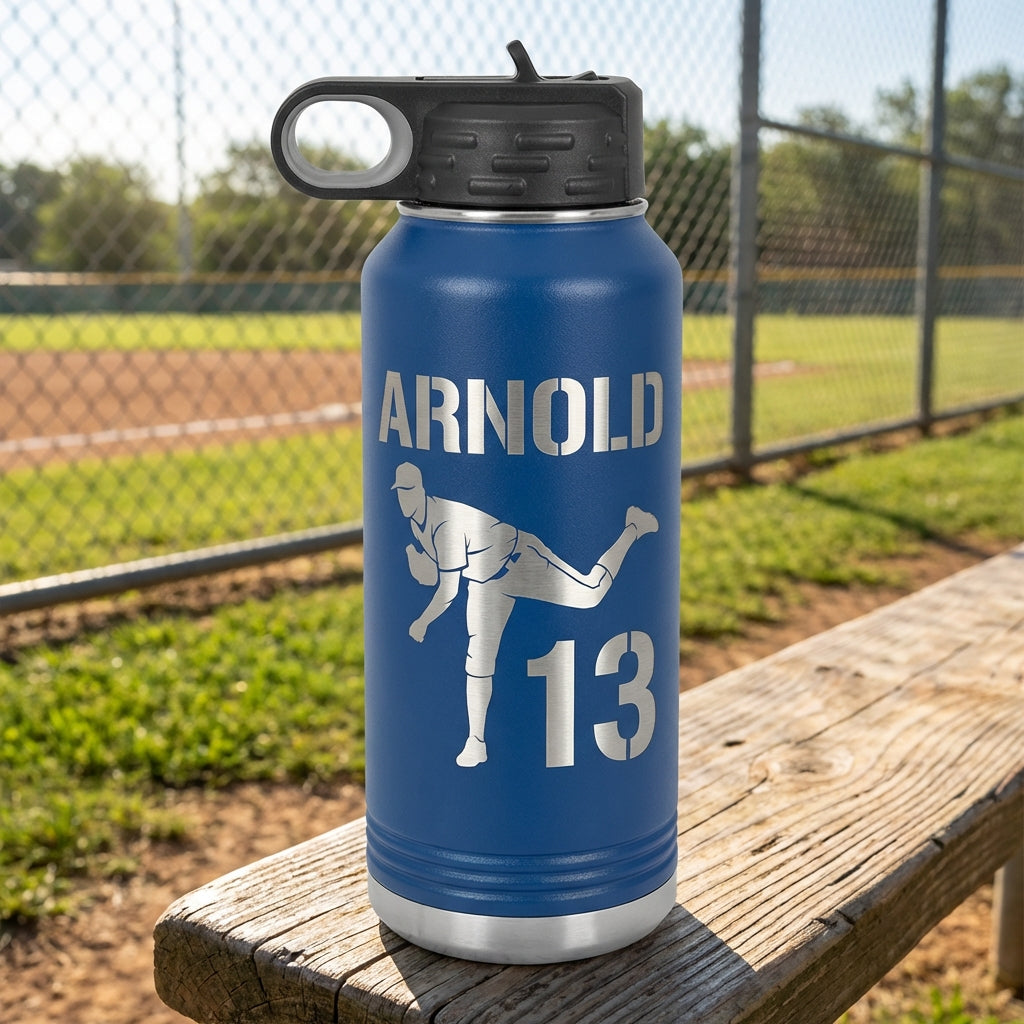 Personalized Baseball Pitcher Water Bottle - Custom Player Gift - Laser Engraved Hydration Bottle - Durable Sports Drinkware - View 5