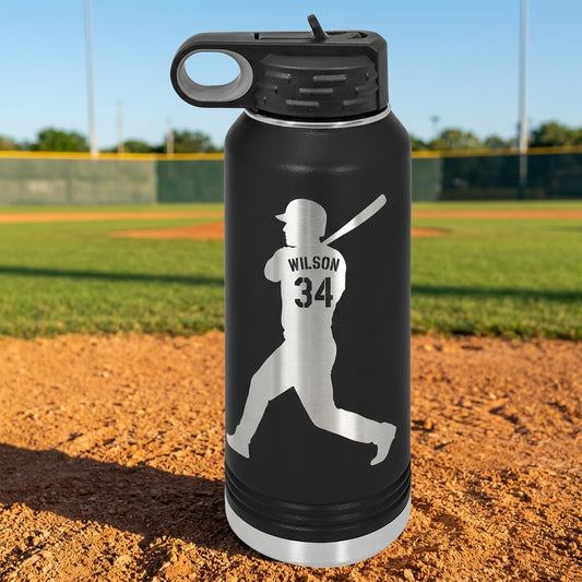 Personalized Baseball Player Water Bottle Gift - Custom Laser Engraved Name & Number - Durable 32oz Sport Hydration - View 1