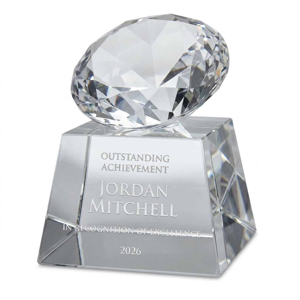 Personalized Elegant Crystal Football On Tall Crystal Base Award crystal award, custom laser engraved recognition award on a clean white studio background