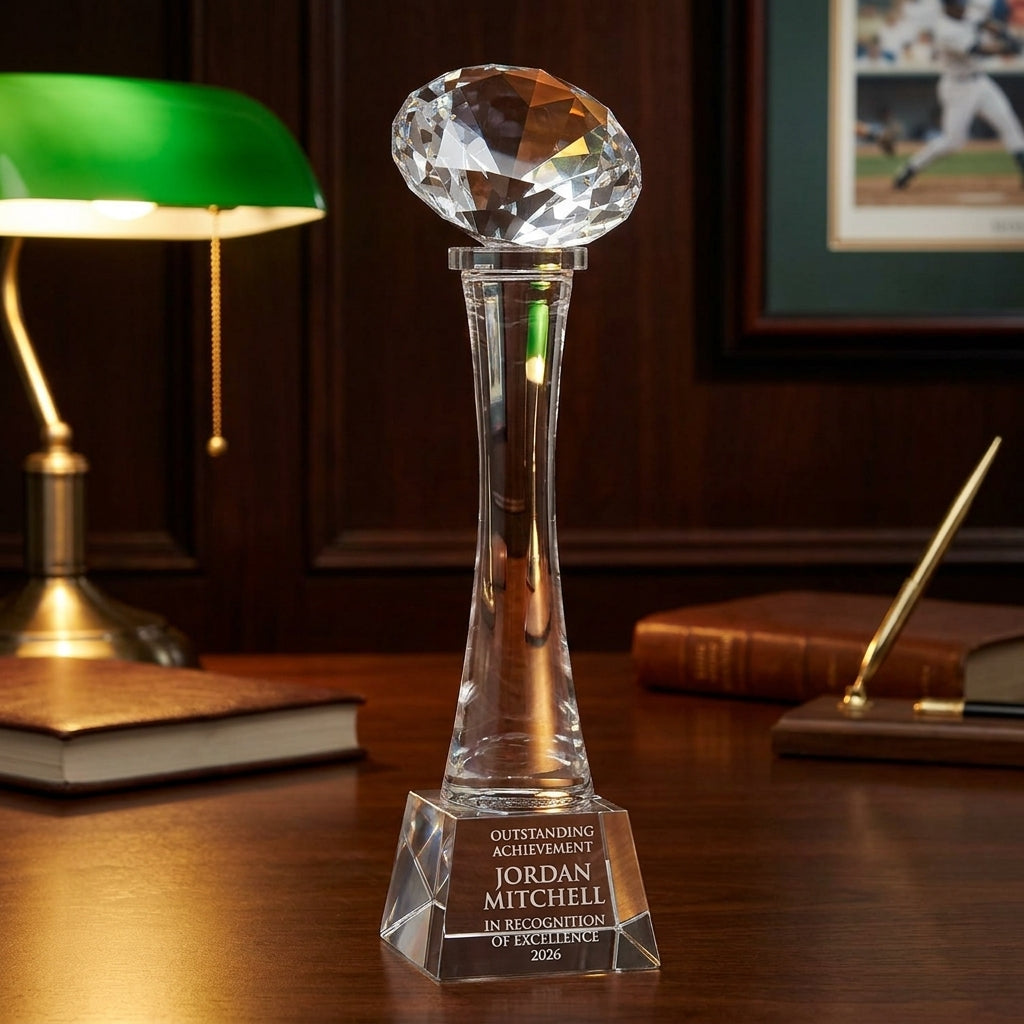 Personalized Elegant Crystal Football On Tall Crystal Base Award crystal award on a warm executive desk with a green banker's lamp, engraved corporate recognition and retirement gift