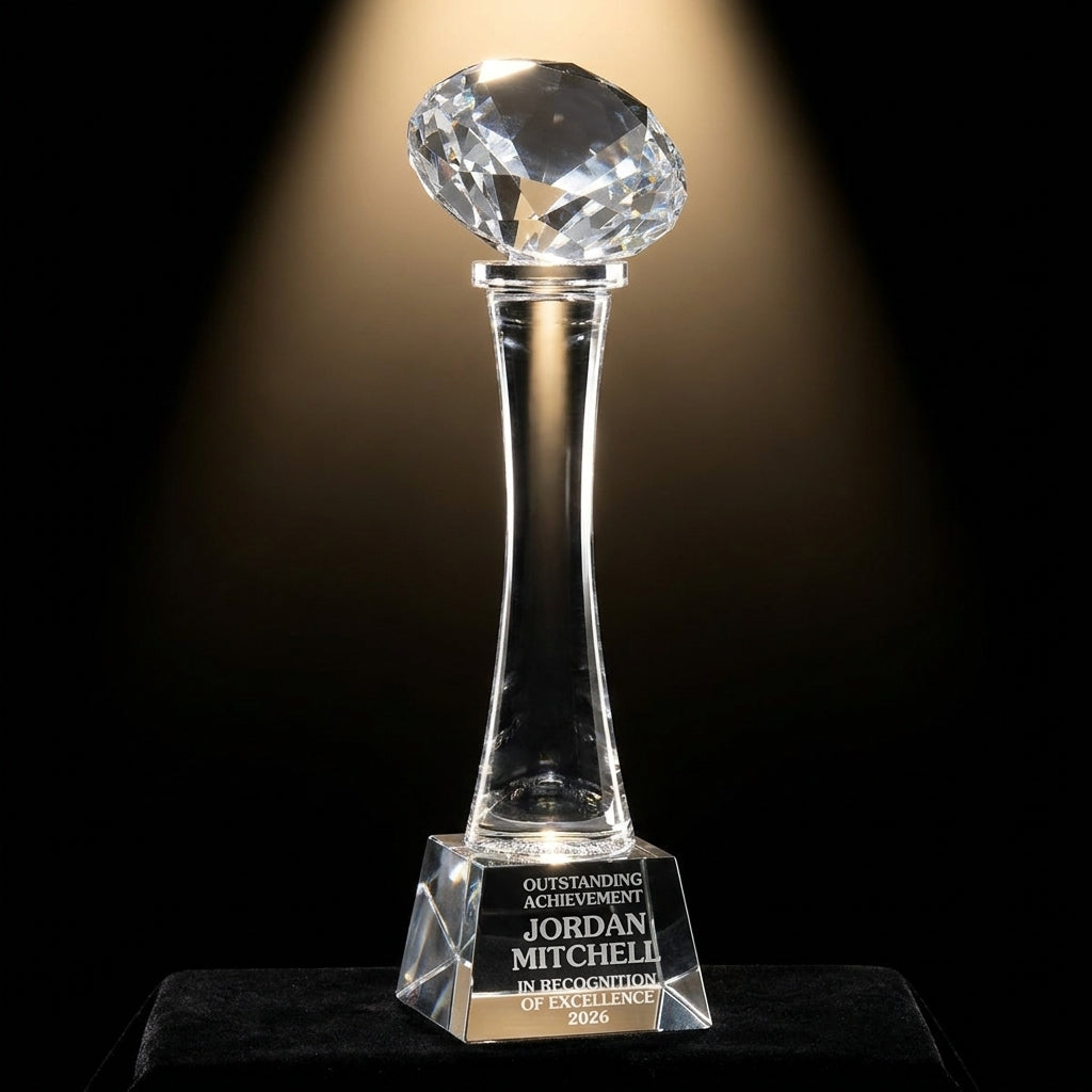 Personalized Elegant Crystal Football On Tall Crystal Base Award crystal award on black velvet under awards-ceremony spotlight, engraved champion and lifetime achievement award