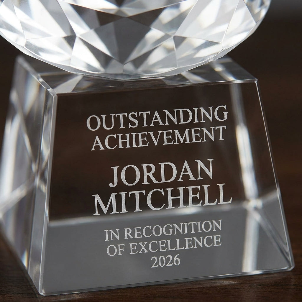 Close-up of the custom laser engraving on a personalized Elegant Crystal Football On Tall Crystal Base Award crystal award, showing crisp permanent personalization