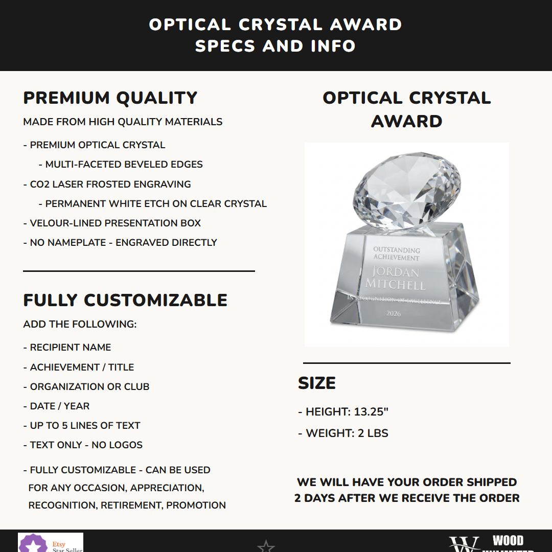 Specifications for the personalized Elegant Crystal Football On Tall Crystal Base Award crystal award — materials, engraving, and features