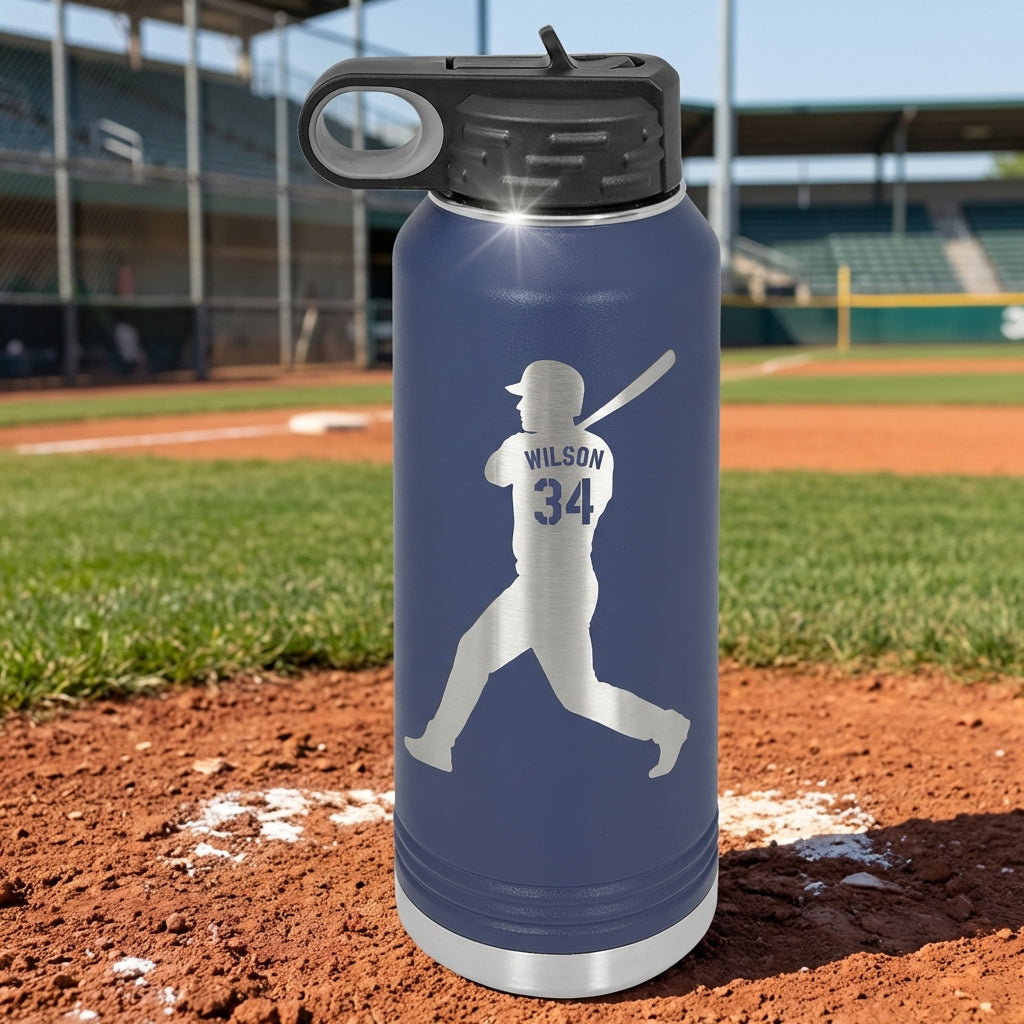 Personalized Baseball Player Water Bottle Gift - Custom Laser Engraved Name & Number - Durable 32oz Sport Hydration - View 5