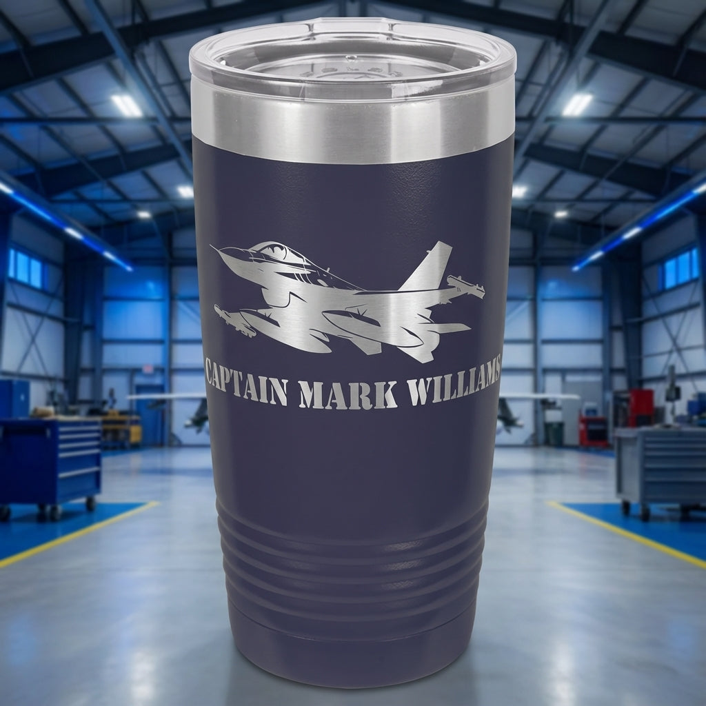 F16 Air Force Pilot Tumbler Gift - Personalized Military Veteran Retirement - Laser Engraved Custom Name - View 3
