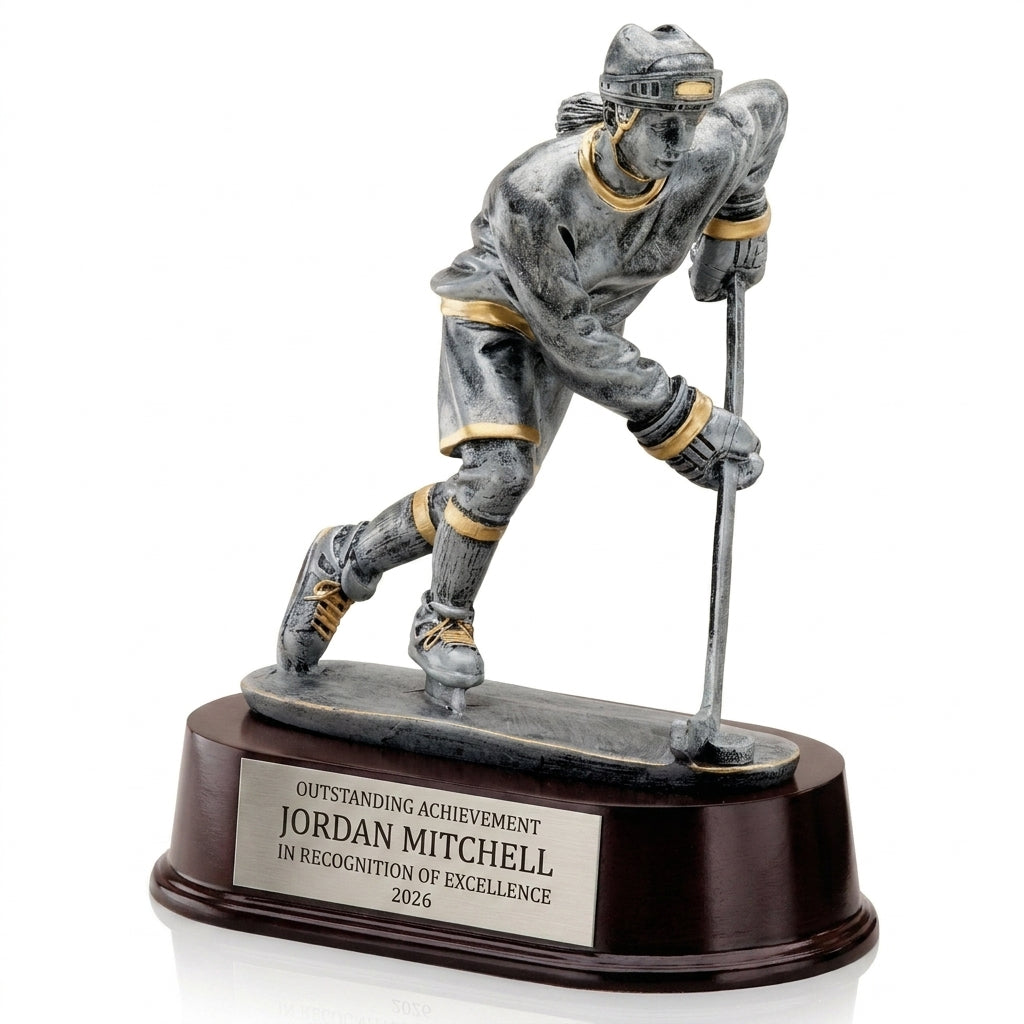 Personalized Female Ice Hockey Player Resin Trophy resin award, custom laser engraved recognition award on a clean white studio background