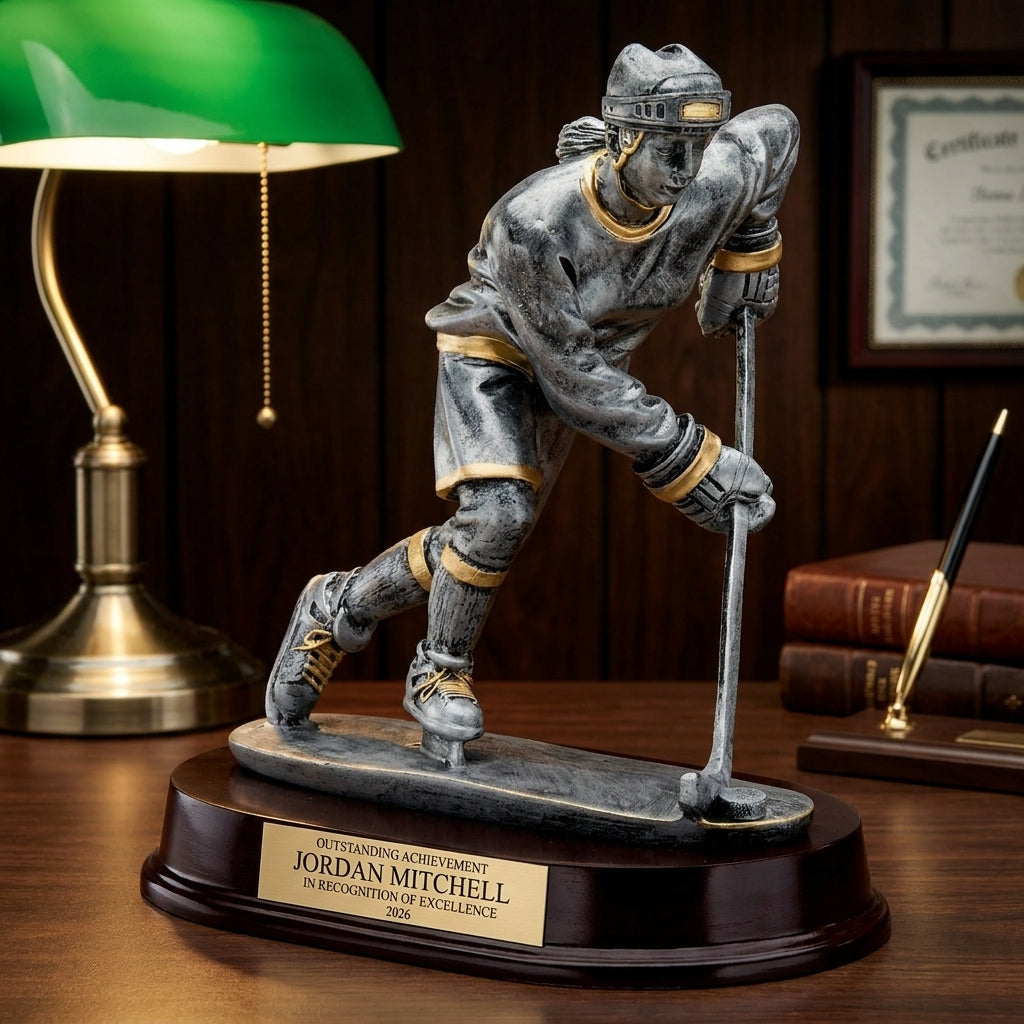 Personalized Female Ice Hockey Player Resin Trophy resin award on a warm executive desk with a green banker's lamp, engraved corporate recognition and retirement gift