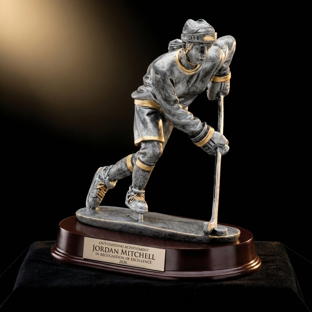 Personalized Female Ice Hockey Player Resin Trophy resin award on black velvet under awards-ceremony spotlight, engraved champion and lifetime achievement award