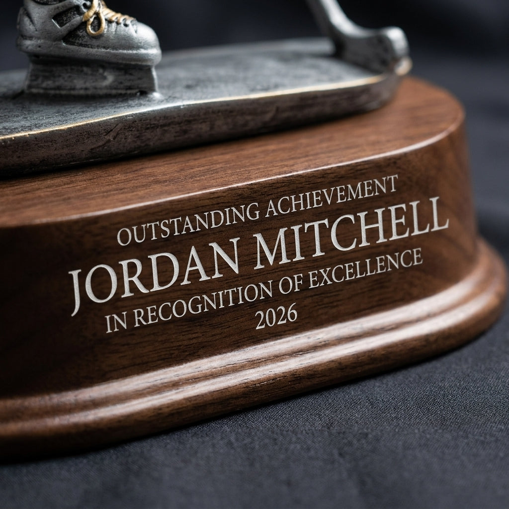 Close-up of the custom laser engraving on a personalized Female Ice Hockey Player Resin Trophy resin award, showing crisp permanent personalization