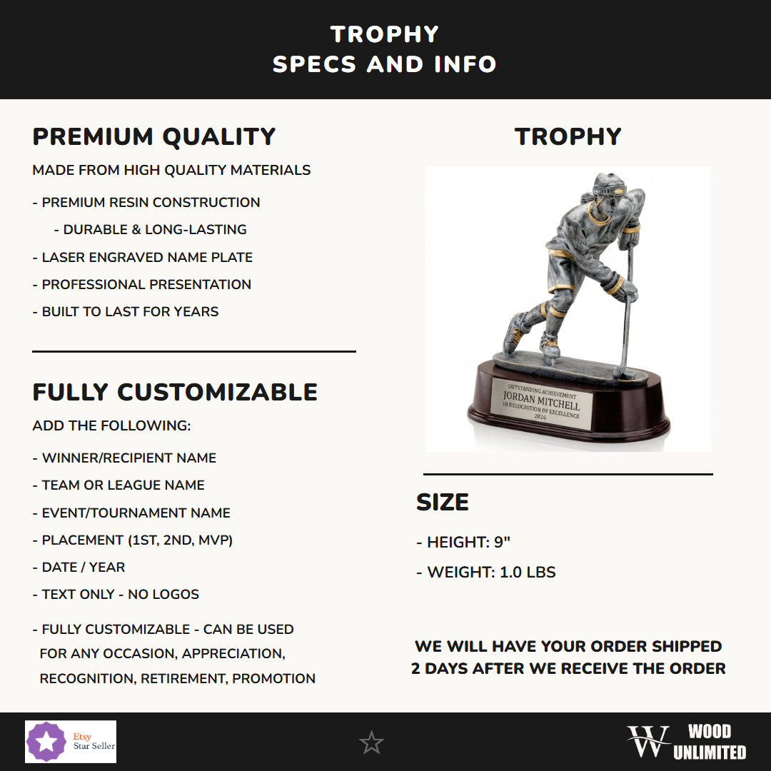 Specifications for the personalized Female Ice Hockey Player Resin Trophy resin award — materials, engraving, and features