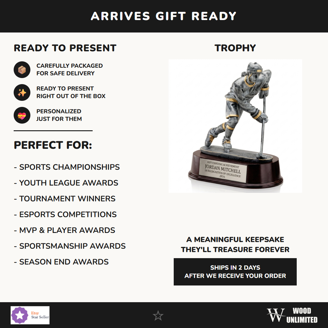 Gift-ready personalized Female Ice Hockey Player Resin Trophy resin award, perfect for ceremonies, retirements, and corporate recognition