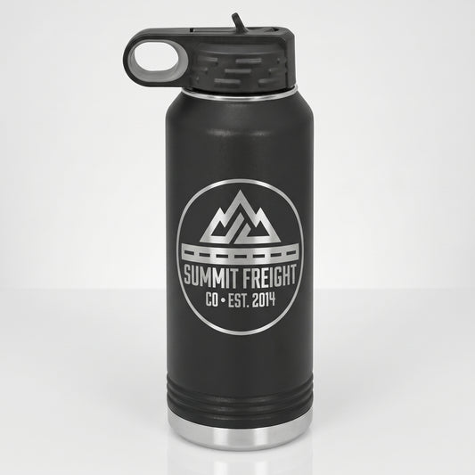 32oz fleet bottle laser-engraved with a company logo