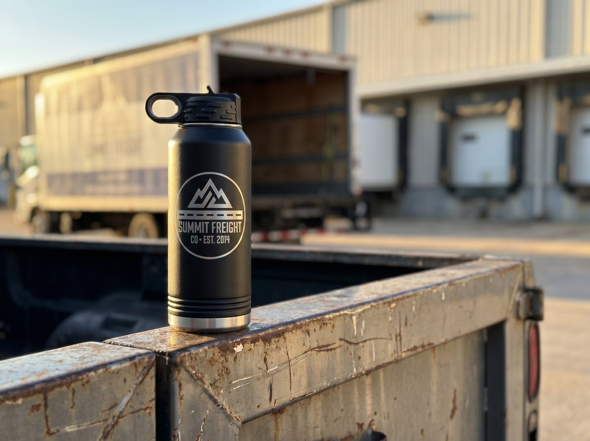Branded 32oz bottle on a truck tailgate at a loading dock