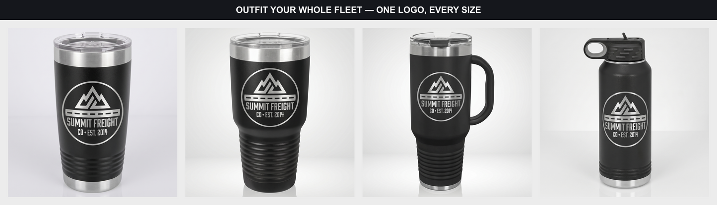 Fleet branded drinkware lineup — one logo, every size